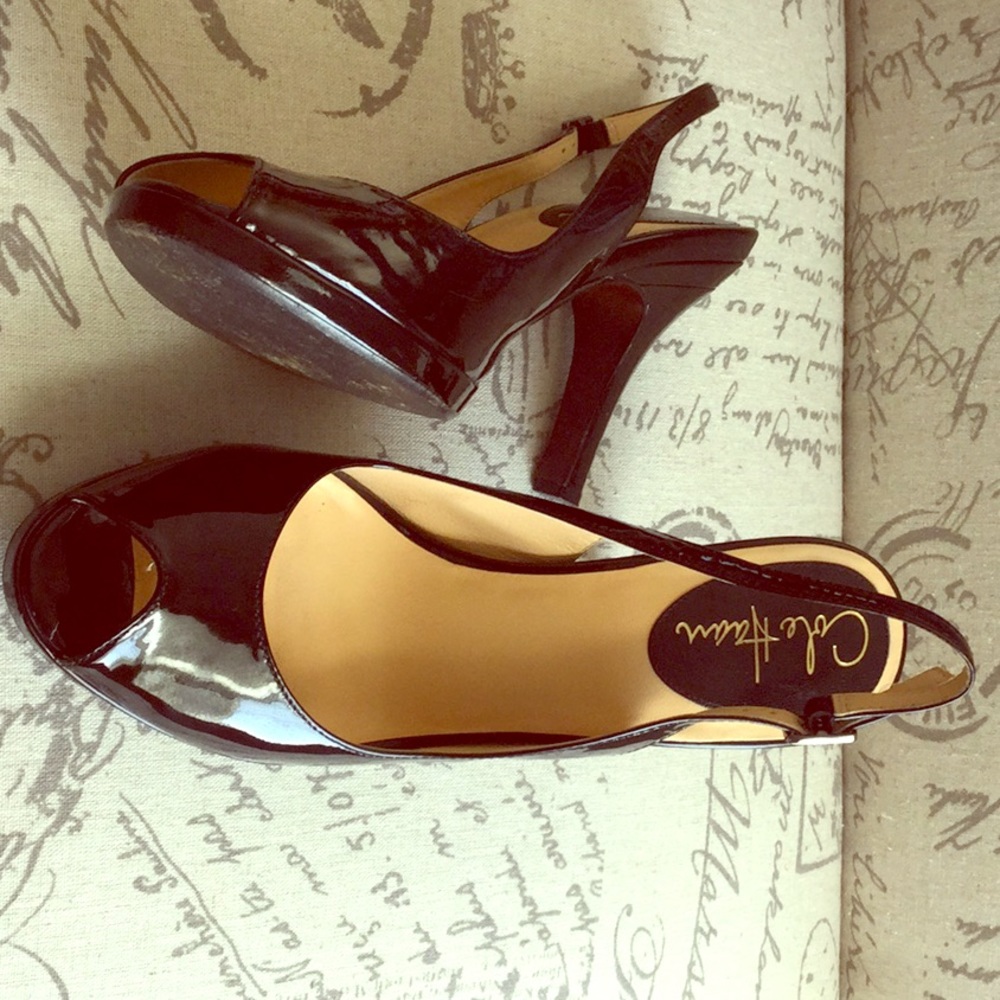 COLE HAAN Black Patent Peep Toe Slingback Size 8
